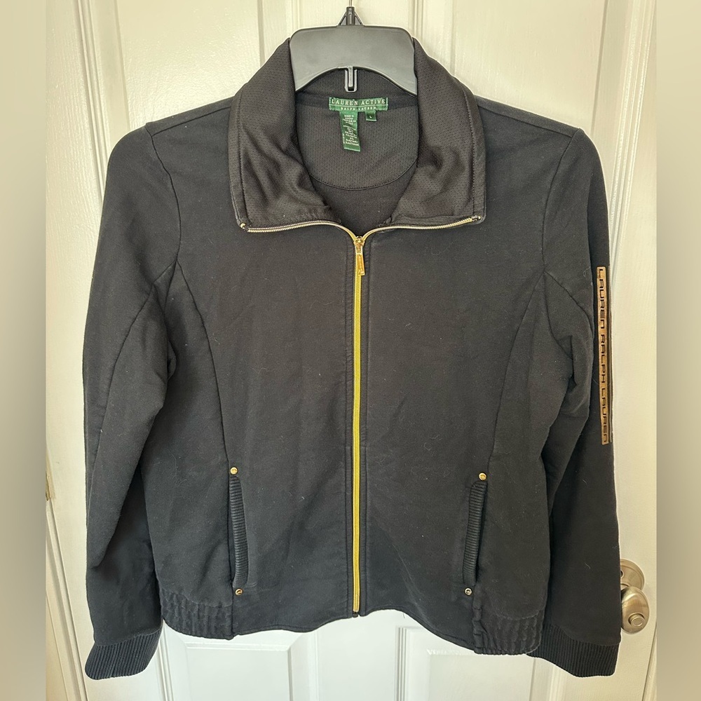 Lauren Ralph Lauren Active Jacket Woman Size Large Full Zip Black & Gold Luxury